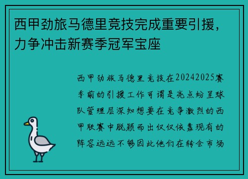 西甲劲旅马德里竞技完成重要引援，力争冲击新赛季冠军宝座