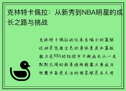 克林特卡佩拉：从新秀到NBA明星的成长之路与挑战